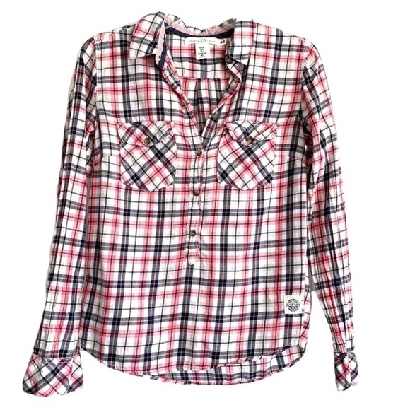 H&M Button Up Pop Over Flannel Navy & Pink Plaid Long Sleeves size 4 - Picture 1 of 9